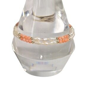 14k Solid Gold Baroque Fresh Water Pearl‎ & Angel Skin Coral Beads Bracelet 8"